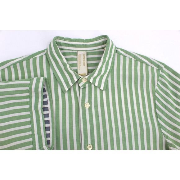 SCOTCH & SODA AMSTERDAM Shirt Mens Medium Green Striped Short Sleeve Button Up - Picture 1 of 11